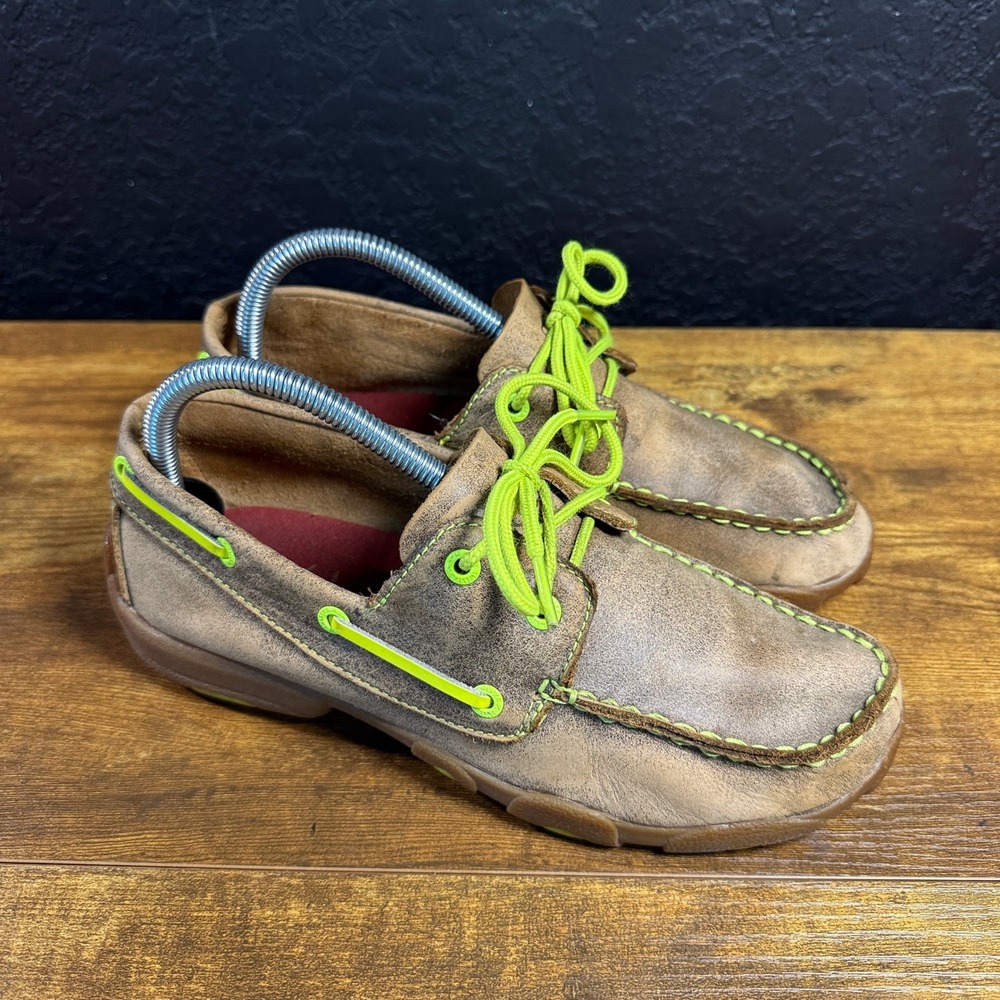 Twisted X Driving Moc YDM0005 Brown Leather Neon Boat Shoe Youth 5M